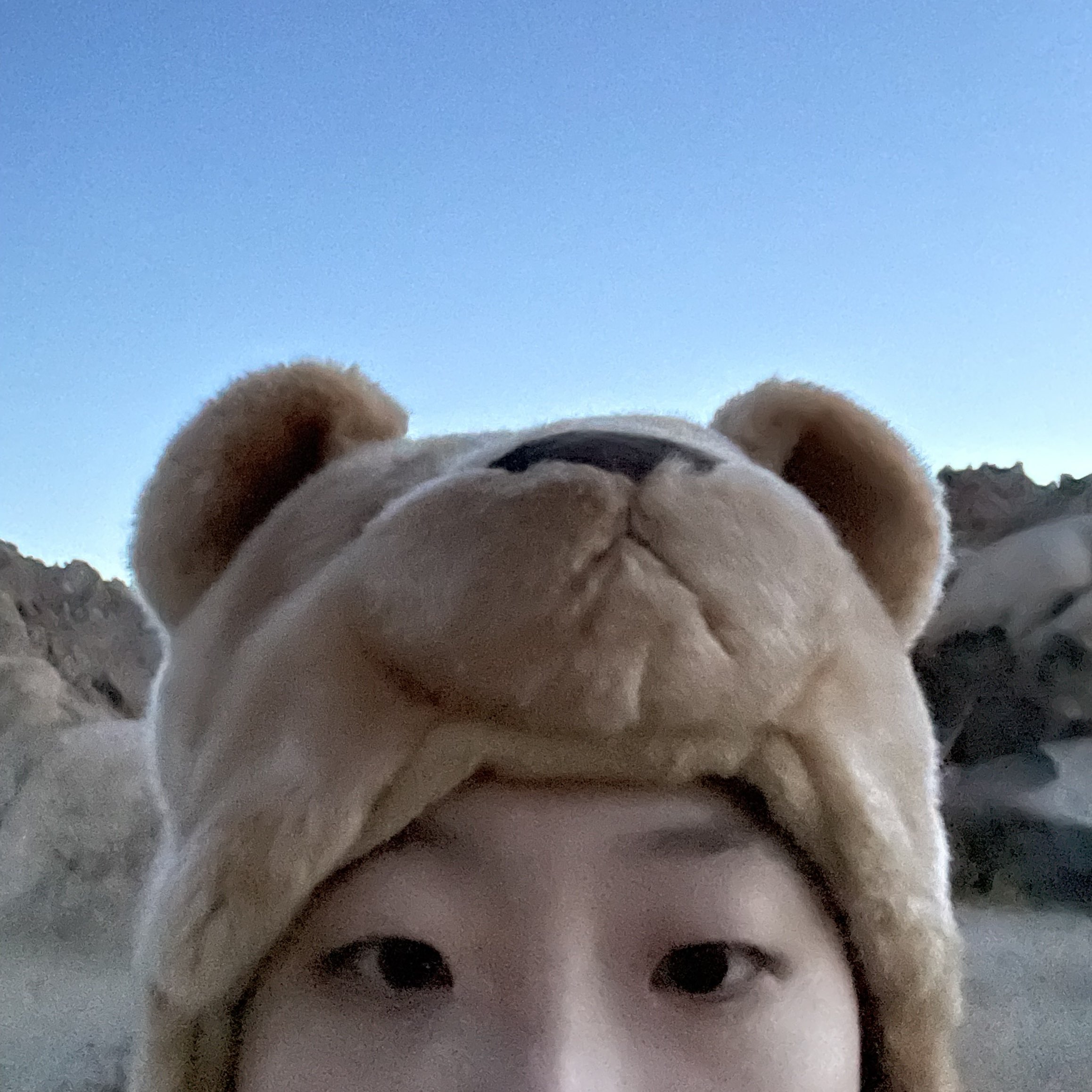 jiin wearing an animal hat at Joshua Tree